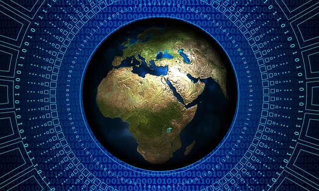 Binary code 1s and 0s on a digital globe