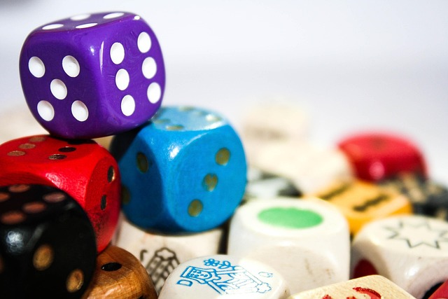 Multicolored dice showing random outcomes